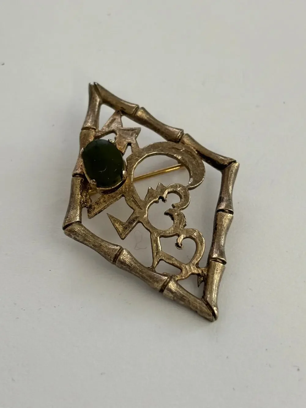 Vintage Wells Sterling Silver Gold Gilt Jade Bamboo Asian Style Brooch Pin